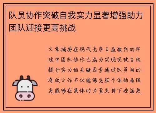 队员协作突破自我实力显著增强助力团队迎接更高挑战